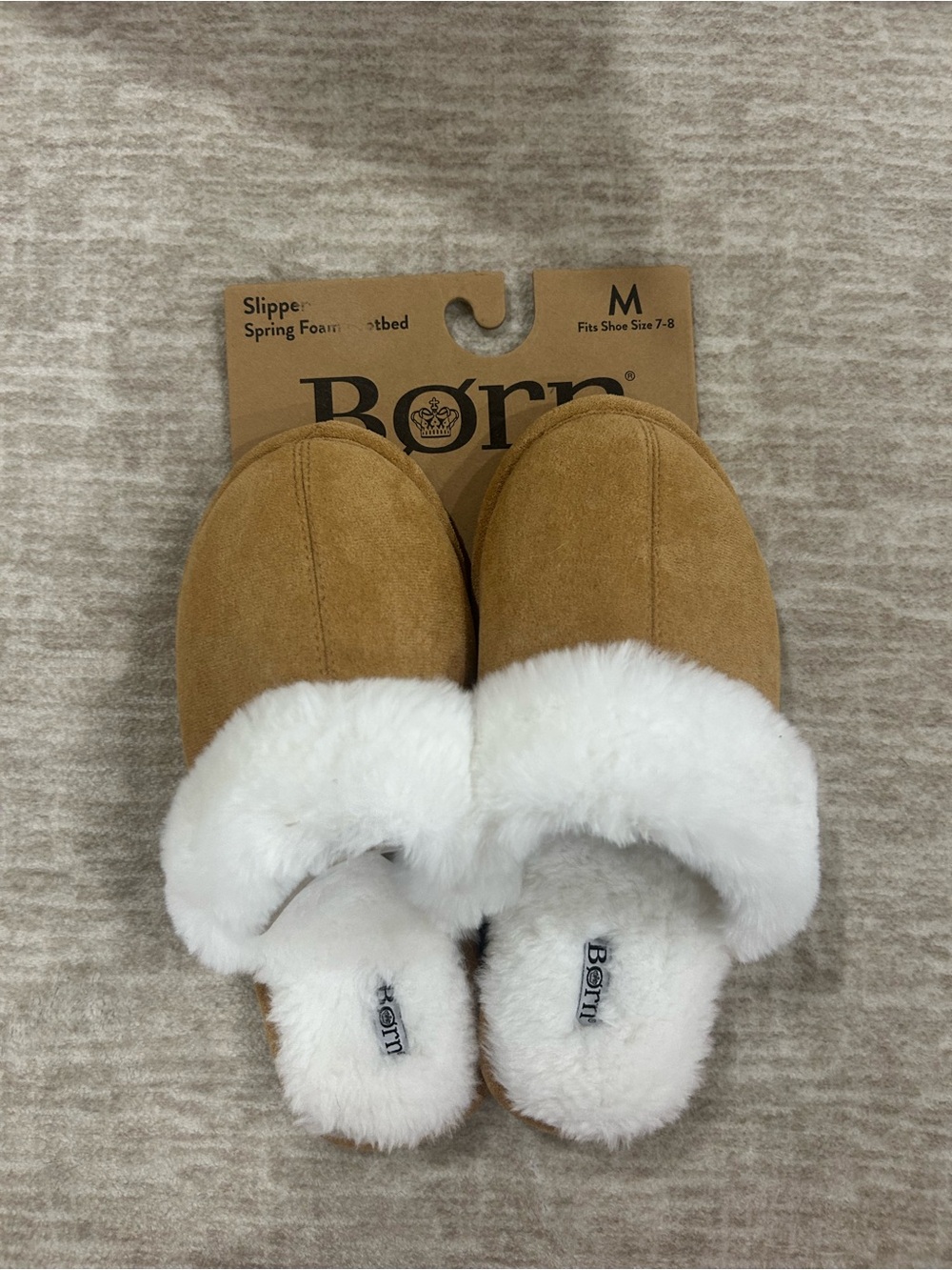 Born Tan Suede Slippers with White Faux Fur Collar